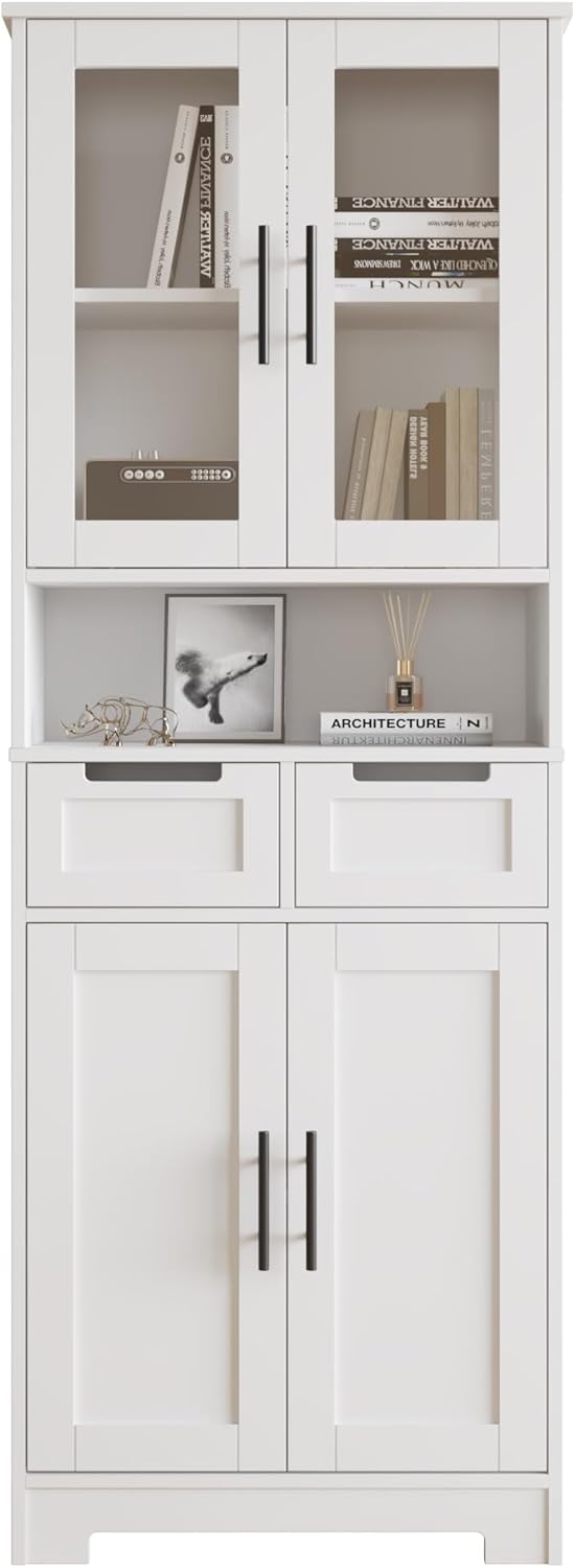 Bonnlo Küchenschrank, Vitrinenschrank, Hochschrank mit 4 Türen und 2 Schubladen, wohnzimmerschrank, für Wohnzimmer Küche Esszimmer Büro, 170x 60x30cm, Weiß