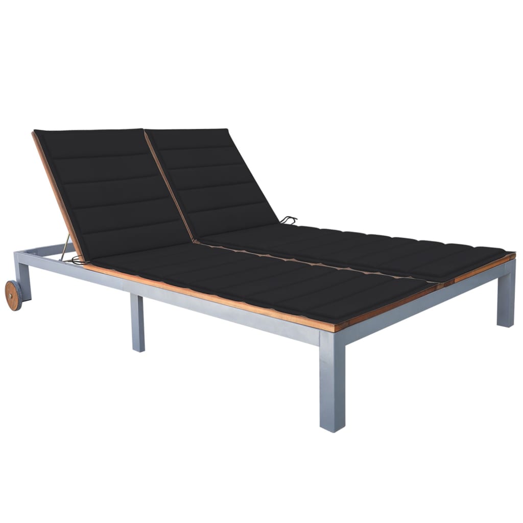 Transat chaise longue bain de soleil lit de jardin terrasse meuble d'extérieur 2 places avec coussin acacia solide et acier 0