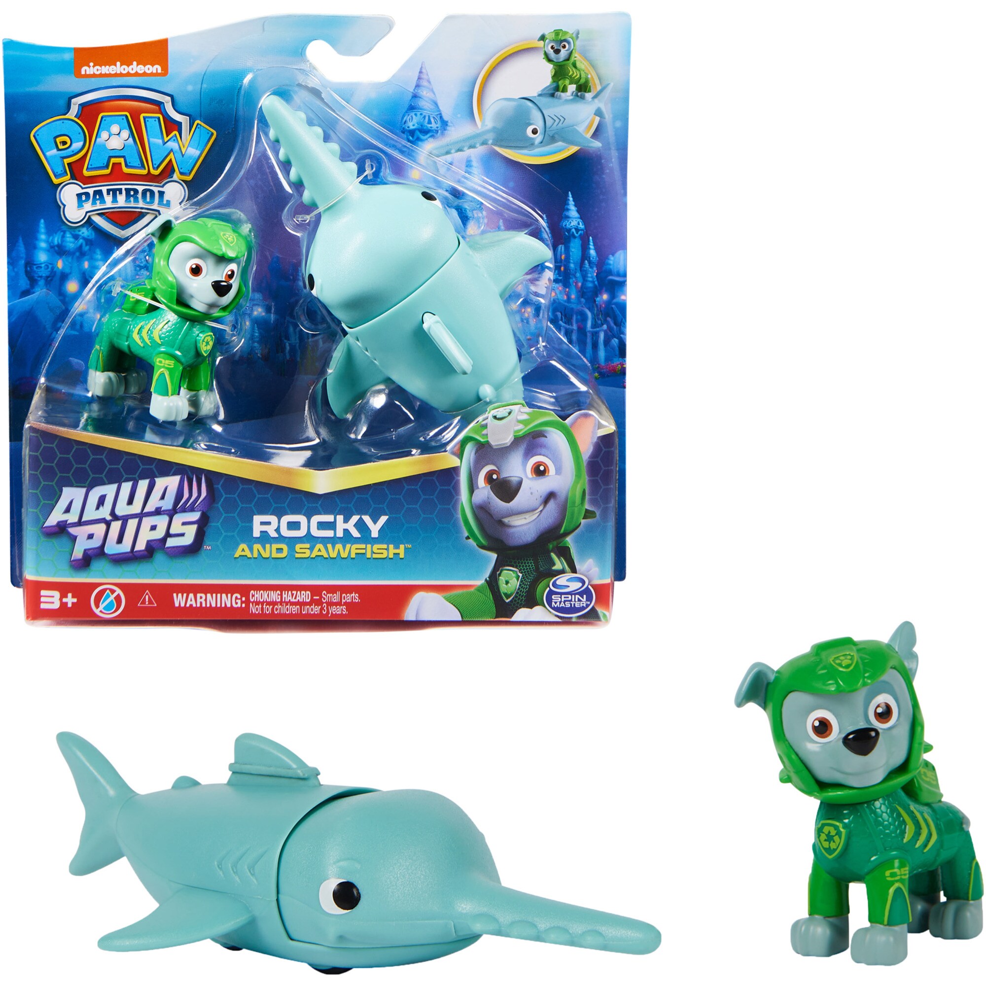 Spin Master Spielfigur Paw Patrol Aqua Pups - Hero Pups-Set mit Rocky-Welpenfigur und Sägefisch-Figur