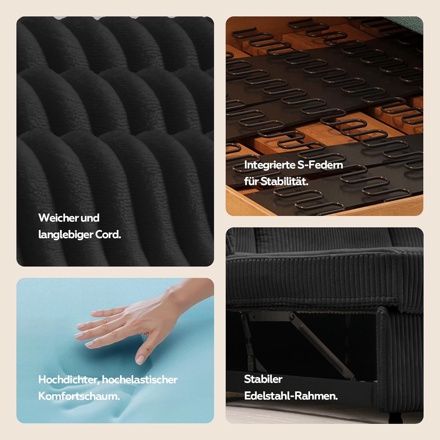 Ecksofa mit Schlaffunktion, Cord-Bezug Schlafcouch in L-Form, Schlafsofa Ausziehbar, Ausziehbares Sofa mit Stauraum, Umkehrbare Chaiselongue (Links & rechts), Schwarz