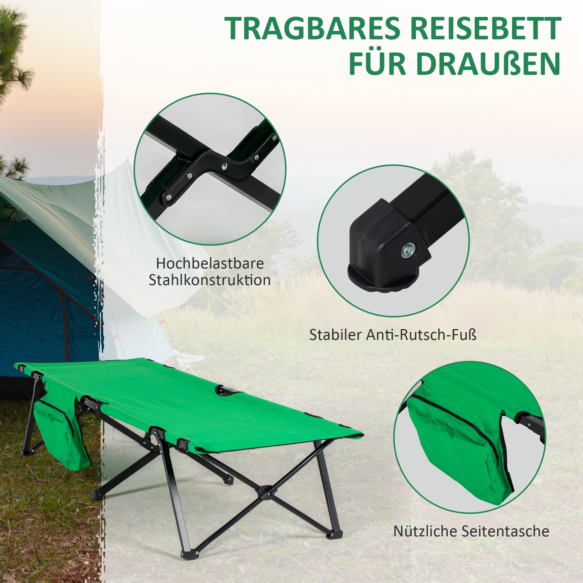 Outsunny Campingbett mit seitlicher Tasche grün, schwarz 200 x 73 x49 cm (LxBxH)