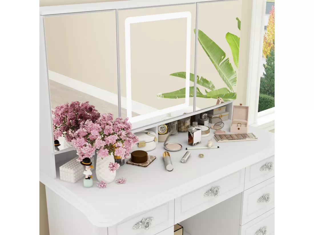 Grande Coiffeuse avec éclairage LED et miroir rectangulaire surdimensionné,Poignée en métal à motifs, 9 tiroirs,110x50x137 cm,Blanc