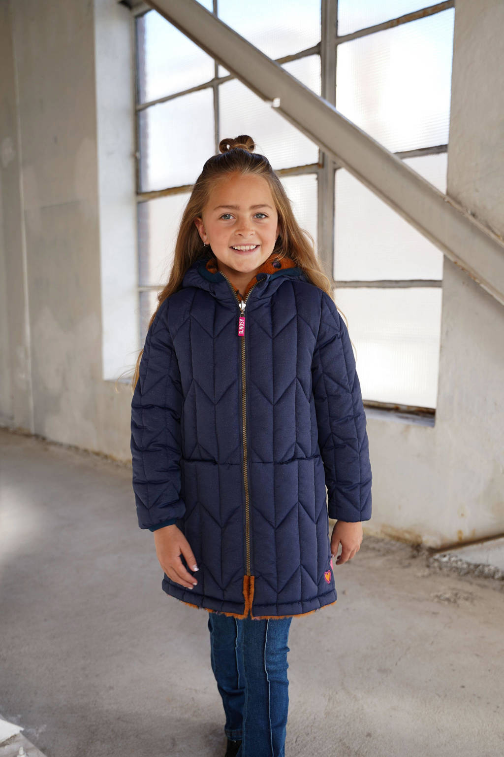 reversible winterjas met imitatiebont roest/blauw