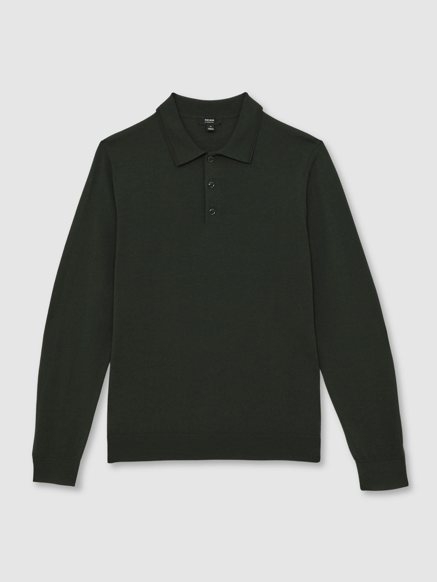Donker legergroen - Reiss Trafford poloshirt met lange mouwen van merinowol