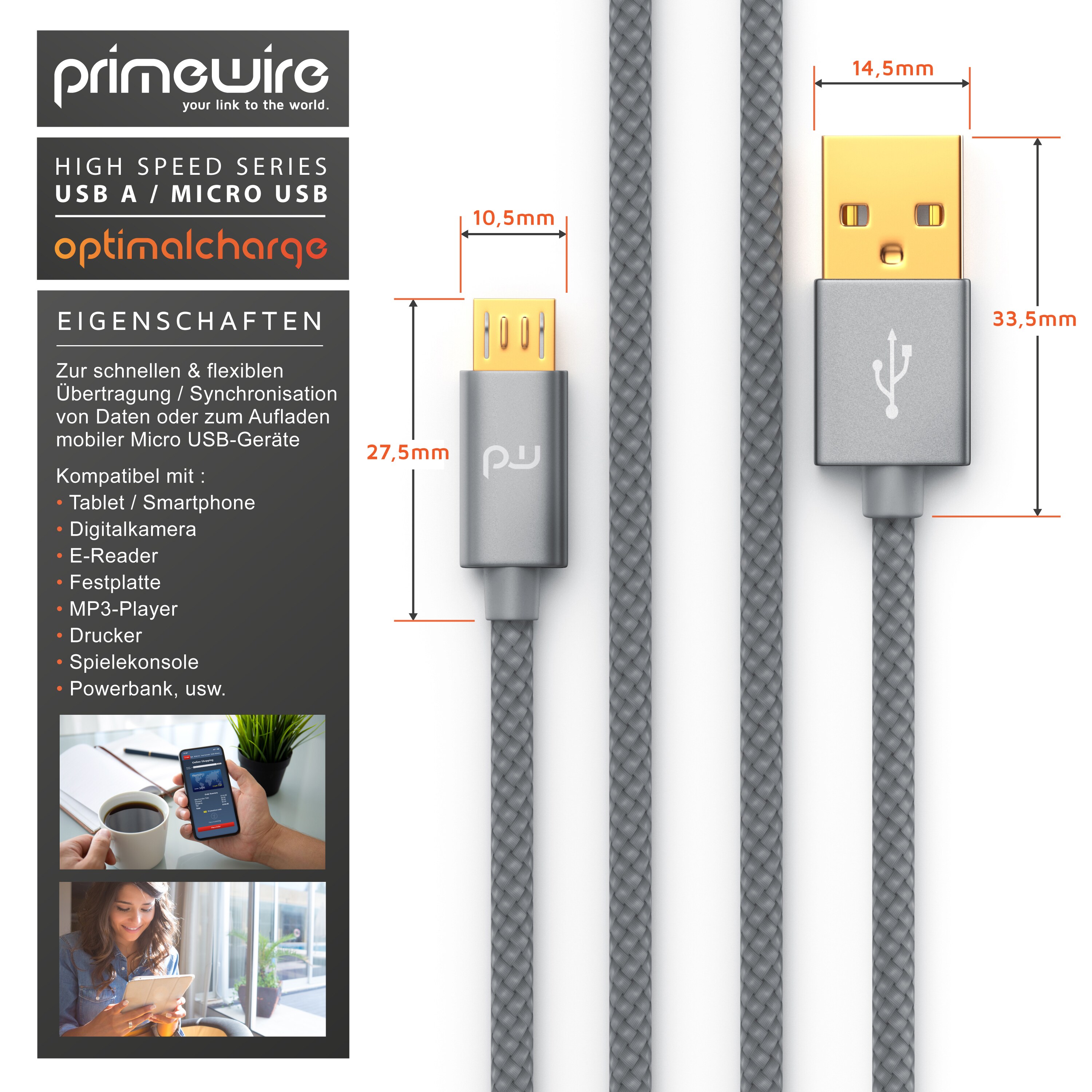 Primewire Premium Micro USB 2,4A Schnellladekabel - Nylonkabel Metallstecker - High Speed Ladekabel / Datenkabel - 1m