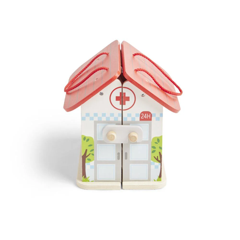Ferme ou hôpital ou caserne de pompiers pliable en bois 20,5x17,5xH19cm