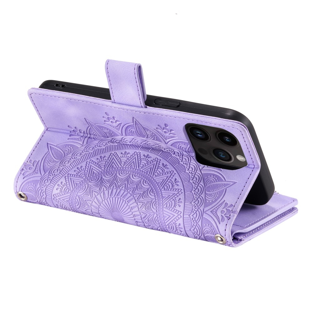 iPhone 15 Pro Leder Tasche Flip Cover mit Reissverschluss - Mandala Flowers Imprint - Lila