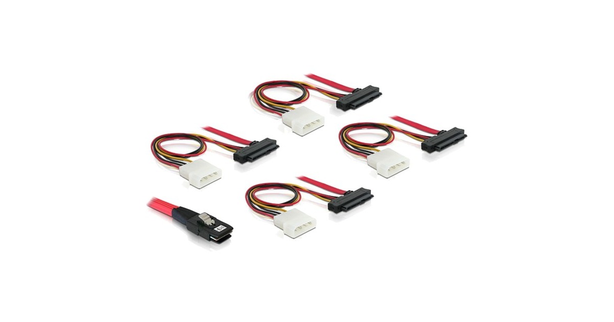 DeLOCKMini SAS SFF-8087 > 4 x SAS SFF-8482 + power adapter  (Rood/zwart, 1 meter)