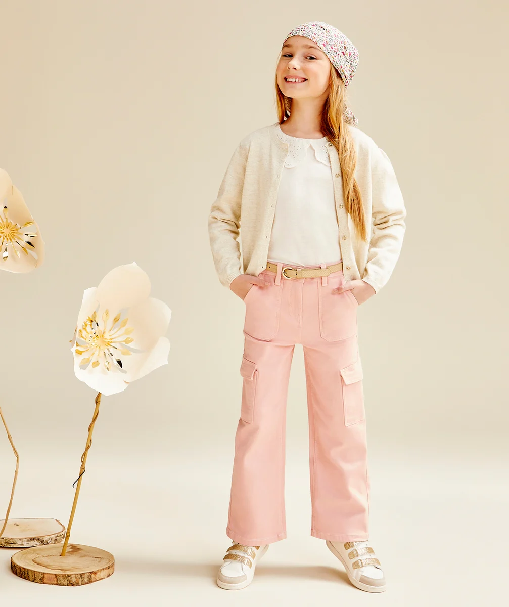PANTALON WIDELEG FILLE EN FIBRES RECYCLÉES ROSE AVEC POCHES CARGO