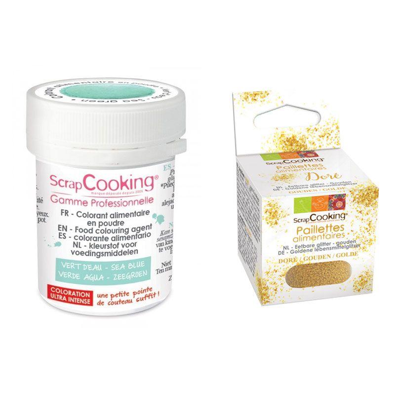 Colorant alimentaire en poudre vert d'eau + paillettes dorées Scrapcoo