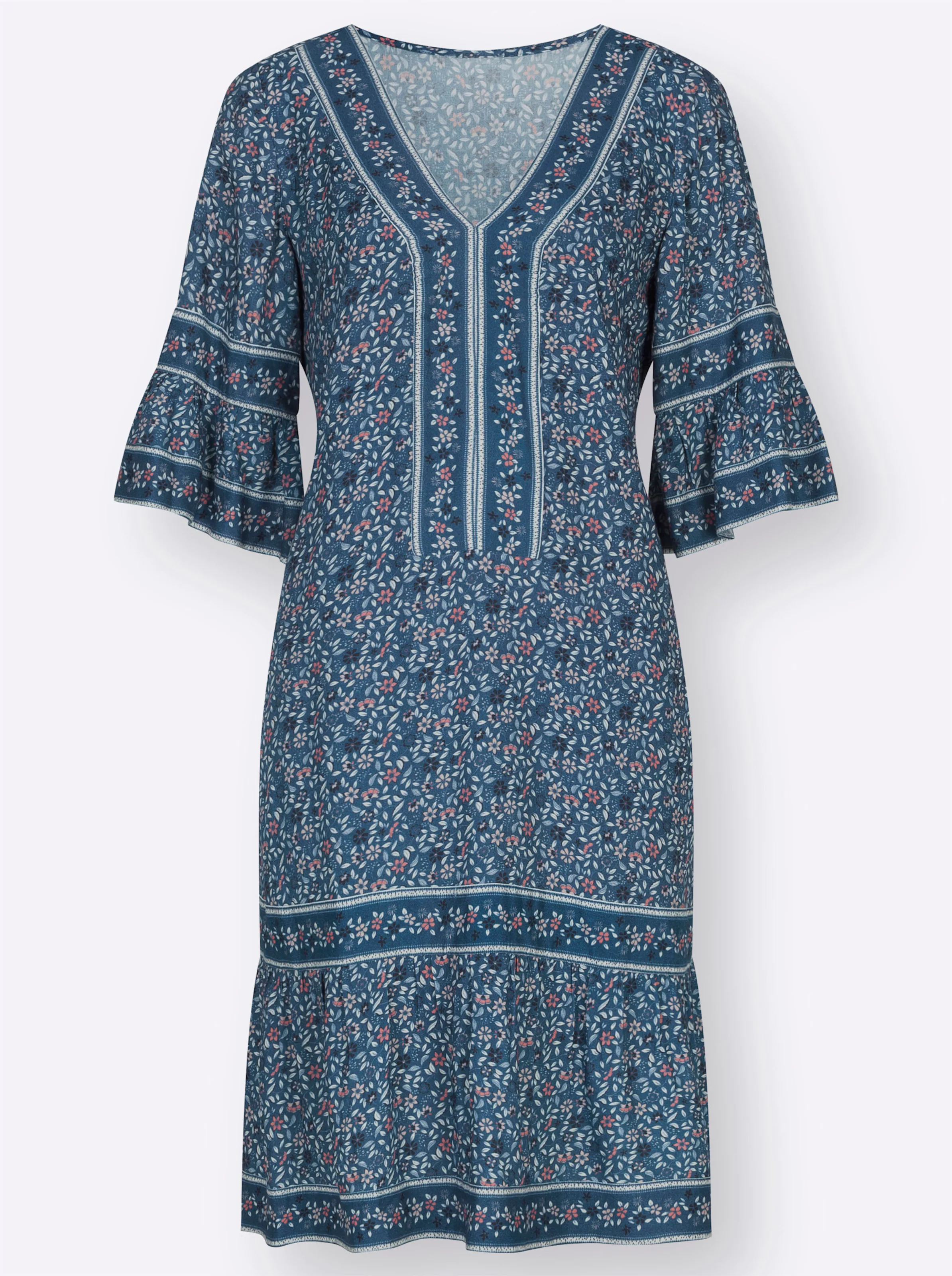 Tunikakleid in jeansblau-ecru-bedruckt
