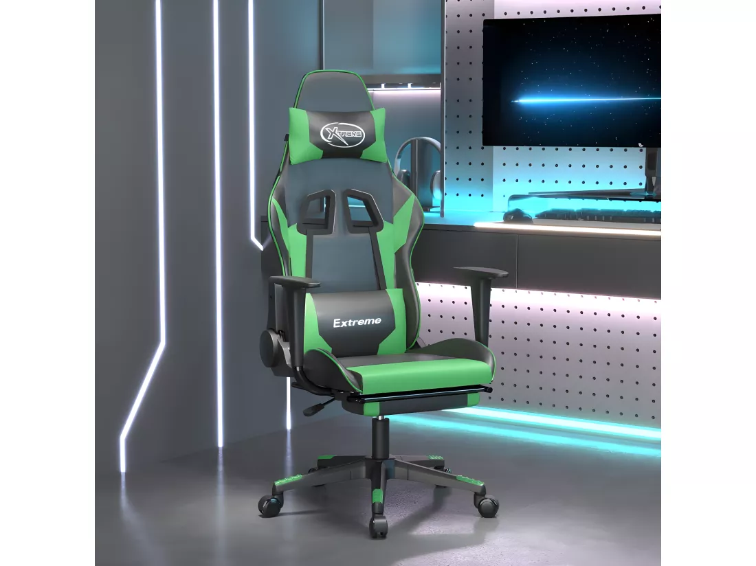 Chaise de jeu avec repose-pied Noir et vert Similicuir