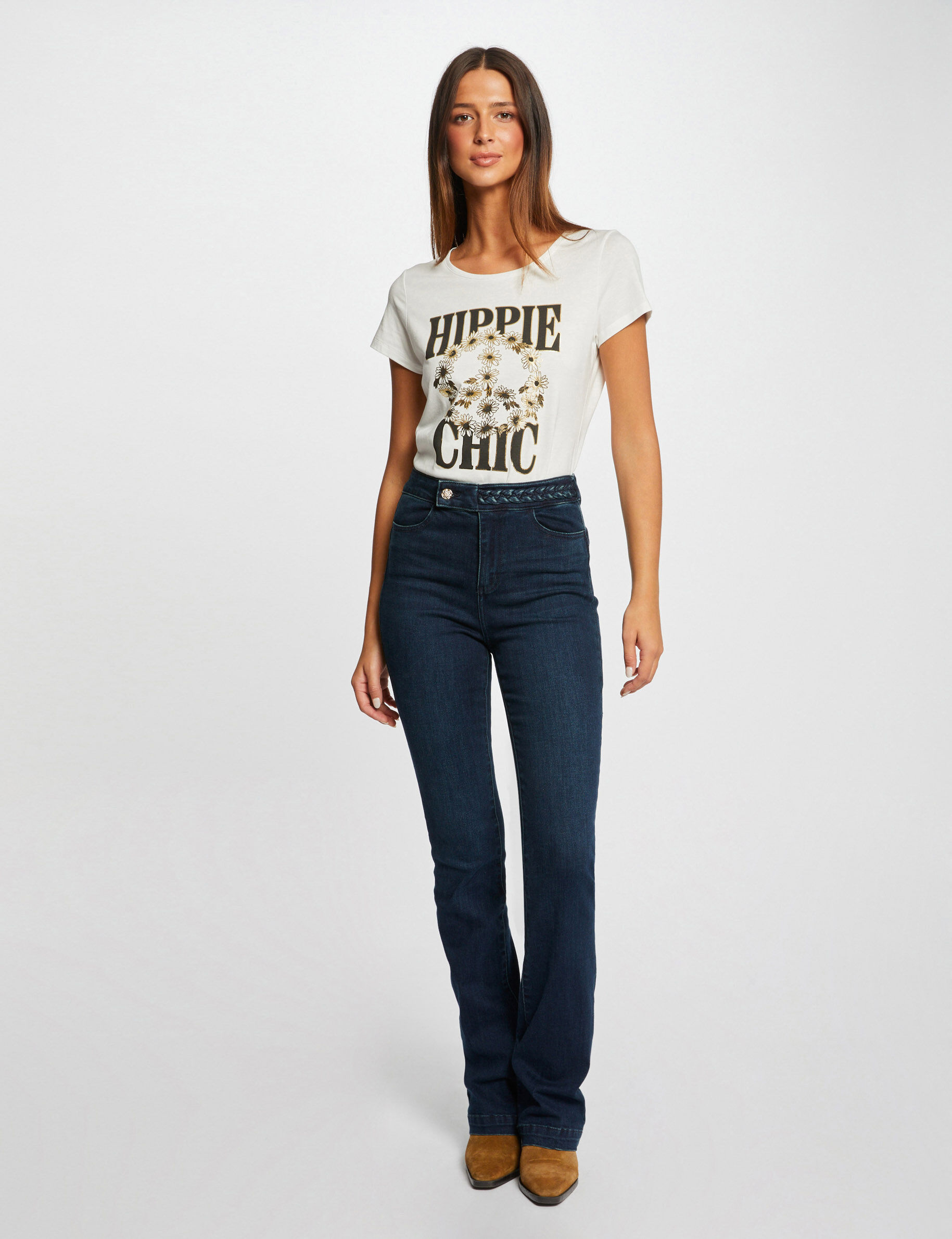 T-shirt manches courtes à inscription ecru femme - ecru