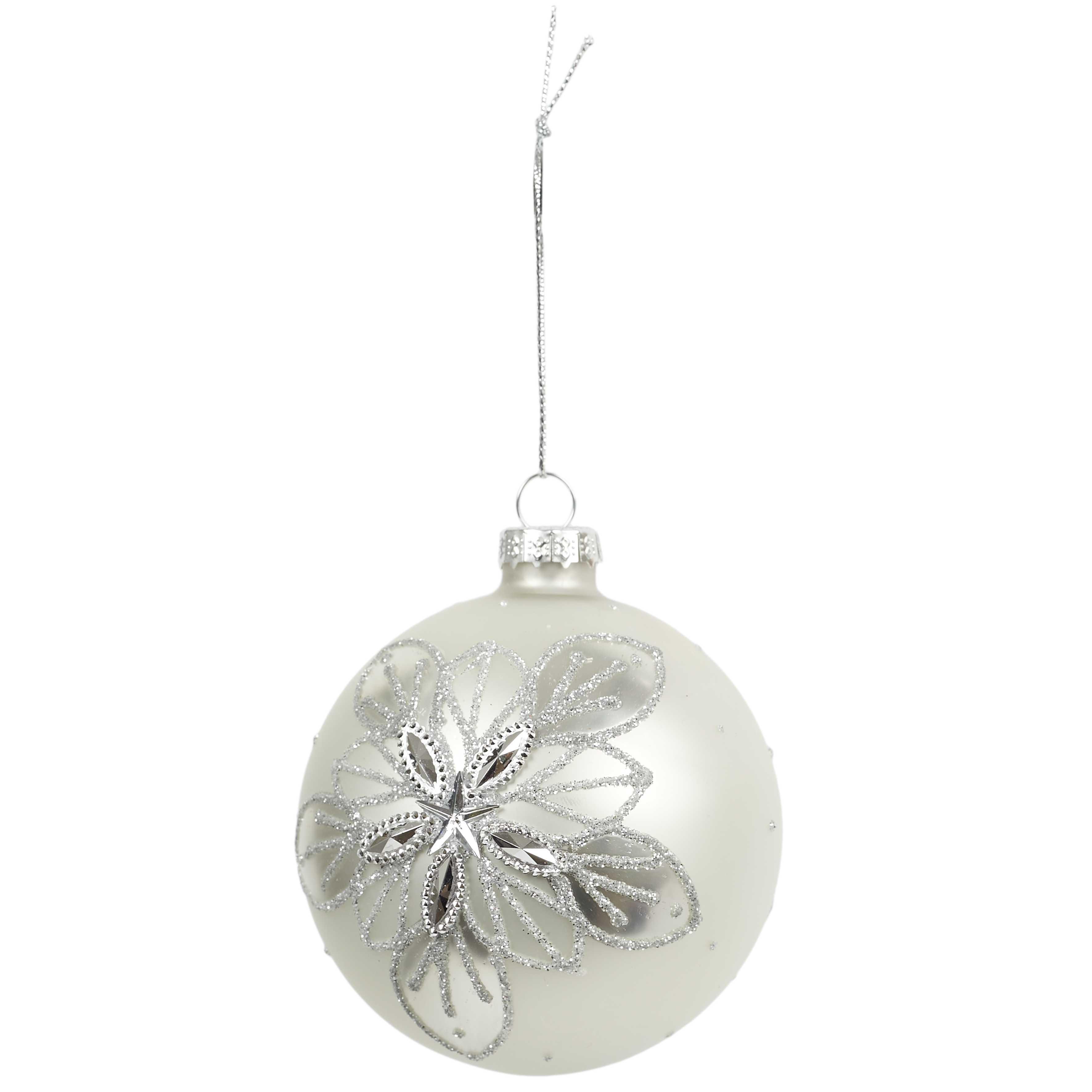 BOULE NOEL VERRE BLANCHE ET ARGENTE 8CM