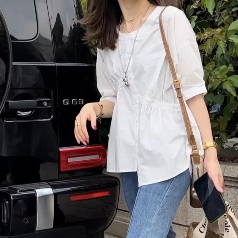 Happo - Effen asymmetrische blouse met elleboogmouwen