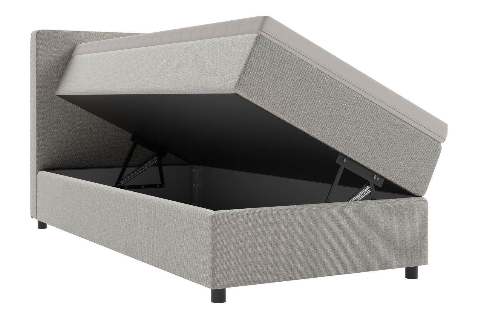 Premium 10 oppbevaringsseng 90x200 cm Magasinseng med oppbevaring, åpnes fra siden. I tekstil terranova 08 krem, med fast fasthetsgrad og premium 10 overmadrass,sorte ben. Sengegavl selges separat.