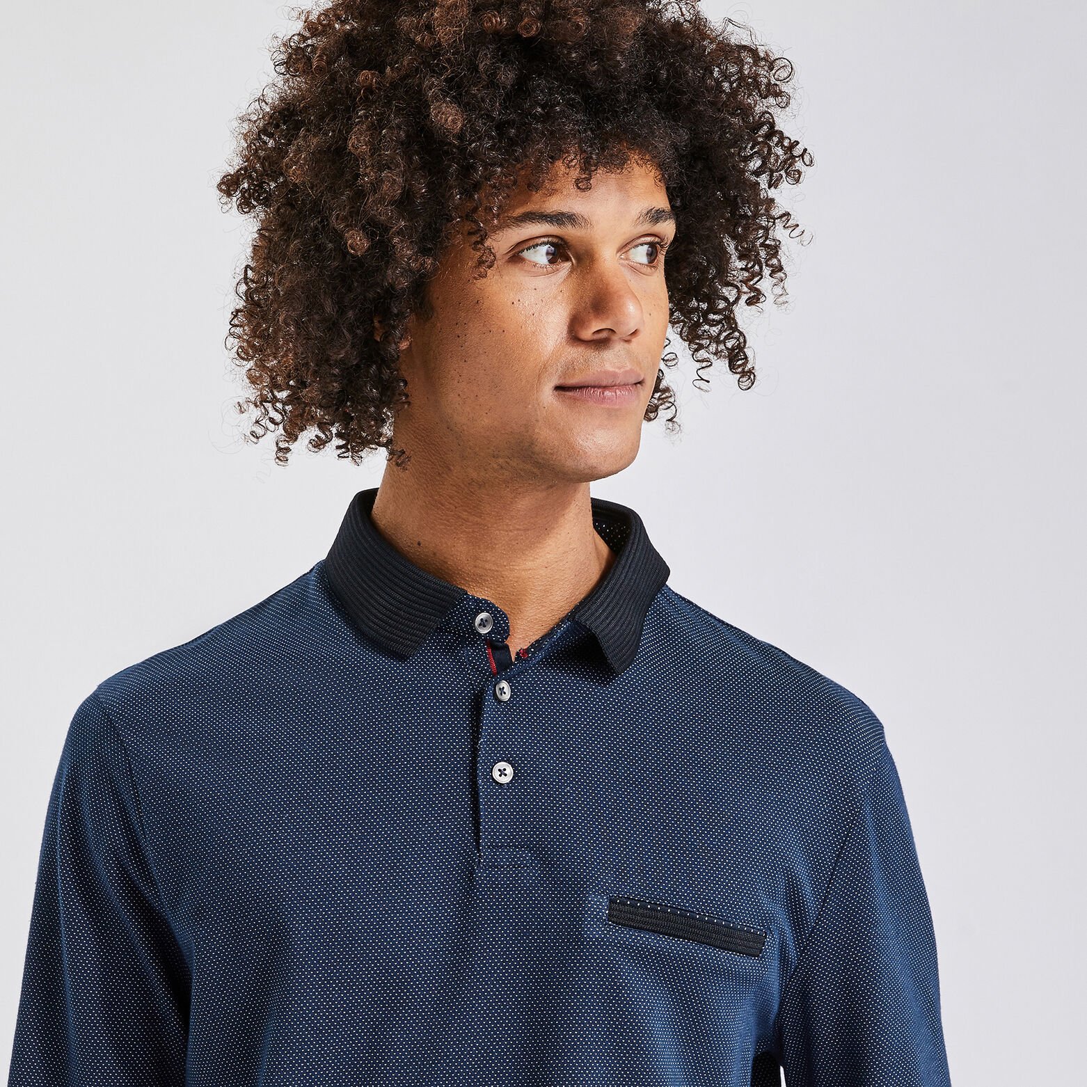 Polo manches longues jacquard col fantaisie Bleu foncé
