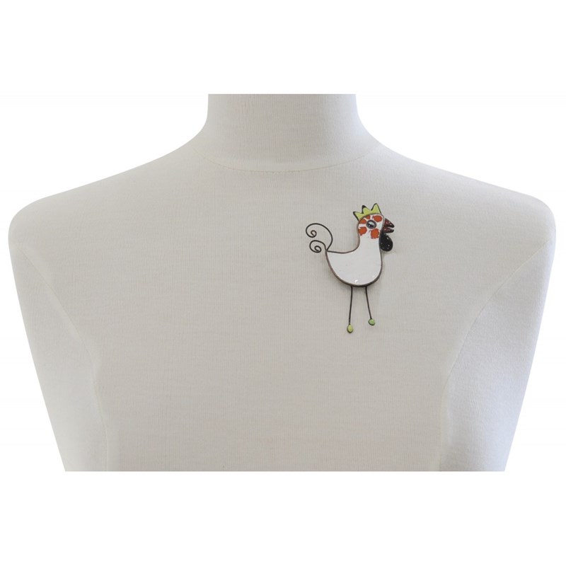 Broche Coq Émaillée Blanc
