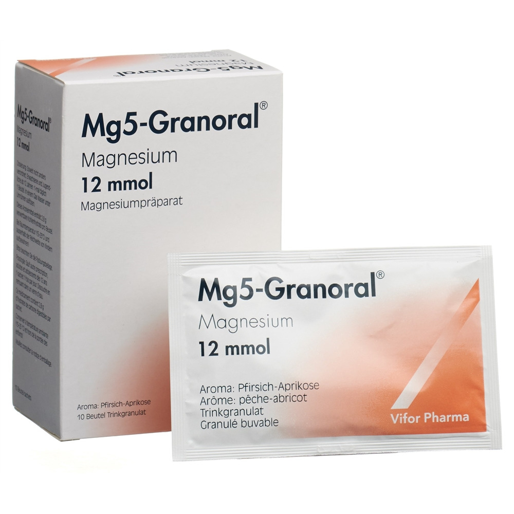 MG5-GRANORAL Gran 12 mmol Pfirsich-Aprikose Btl 10 Stk<br>10 Stück, Beutel, Granulat zur Herstellung einer Lösung zum Einnehmen, Pfirsich-Aprikose