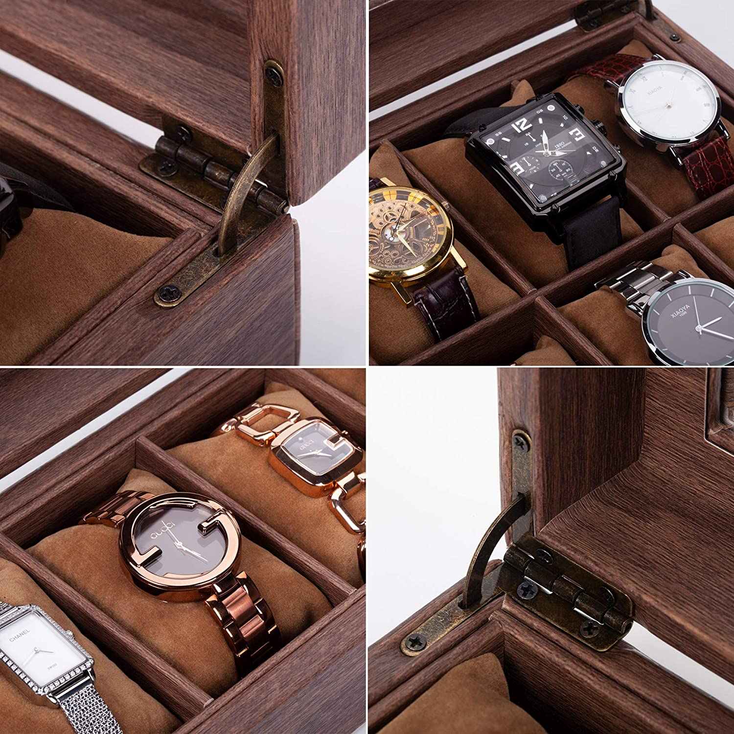(6 Slots) Uhrenbox Schmuckschatulle Organizer mit Glasdeckel Holz Optik - Braun