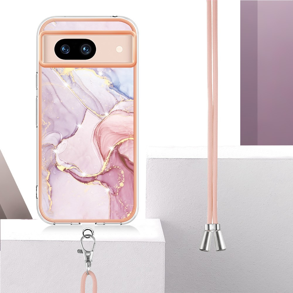 Google Pixel 8a Gummi Case Hülle Galvanisierter Rahmen   Necklace Handykette mit Einlage - Rosa / Roségold