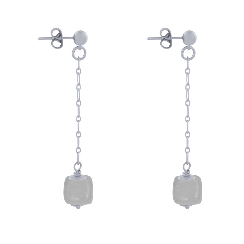 Boucles d'Oreilles Chainette Laiton Argenté et Cube en Céramique