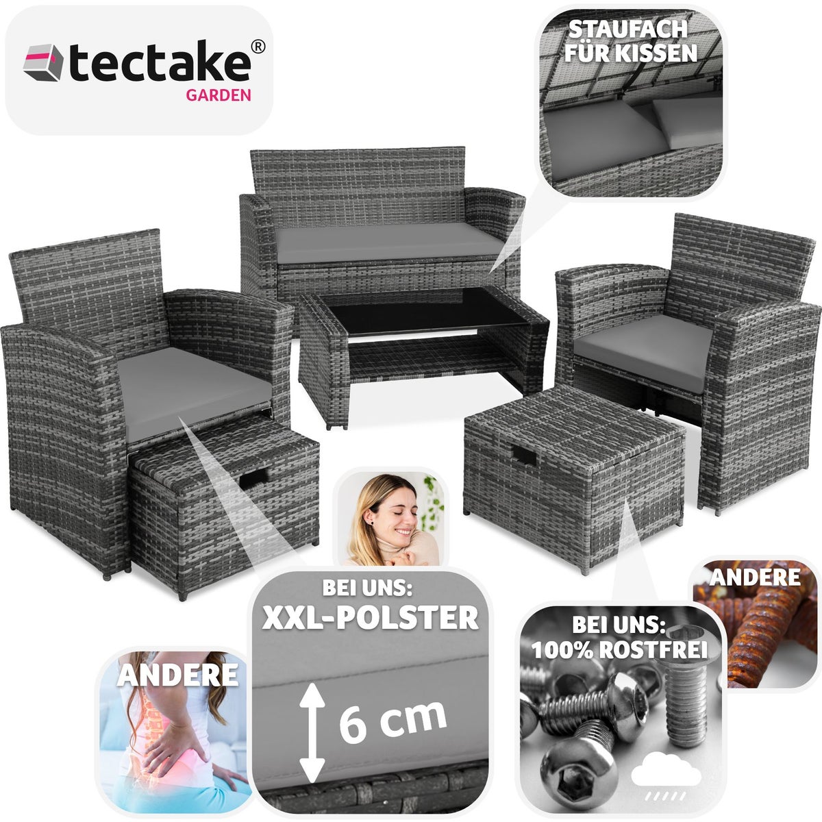 tectake Modena rotan zitgroep voor 4 tot 6 personen inclusief opbergvak en beschermhoes