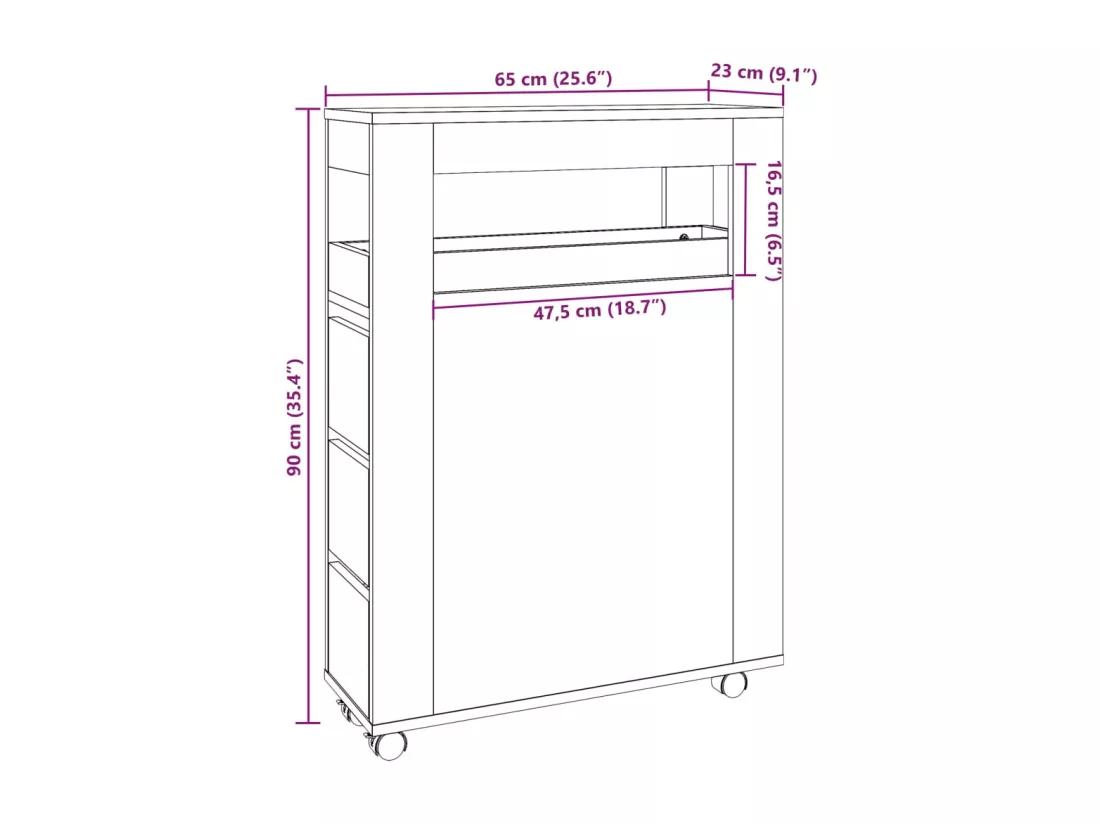 Meuble étroit de salle de bain à roulettes chêne sonoma