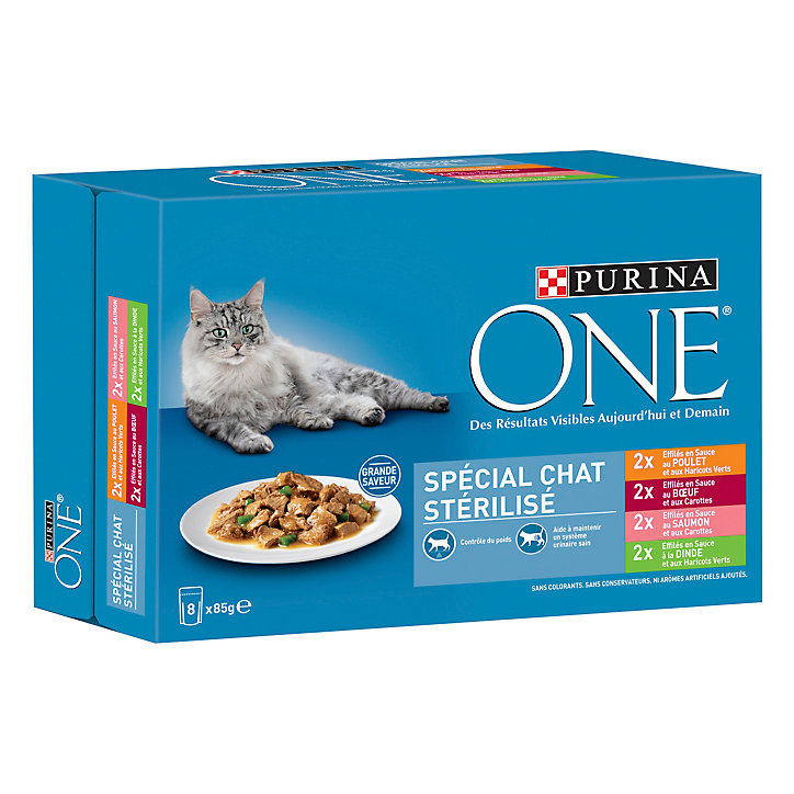 Aliment pour chat stérilisé One Spécial chat Stérilisé Effilés en sauce :bœuf poulet saumon dinde 8 x 85g
