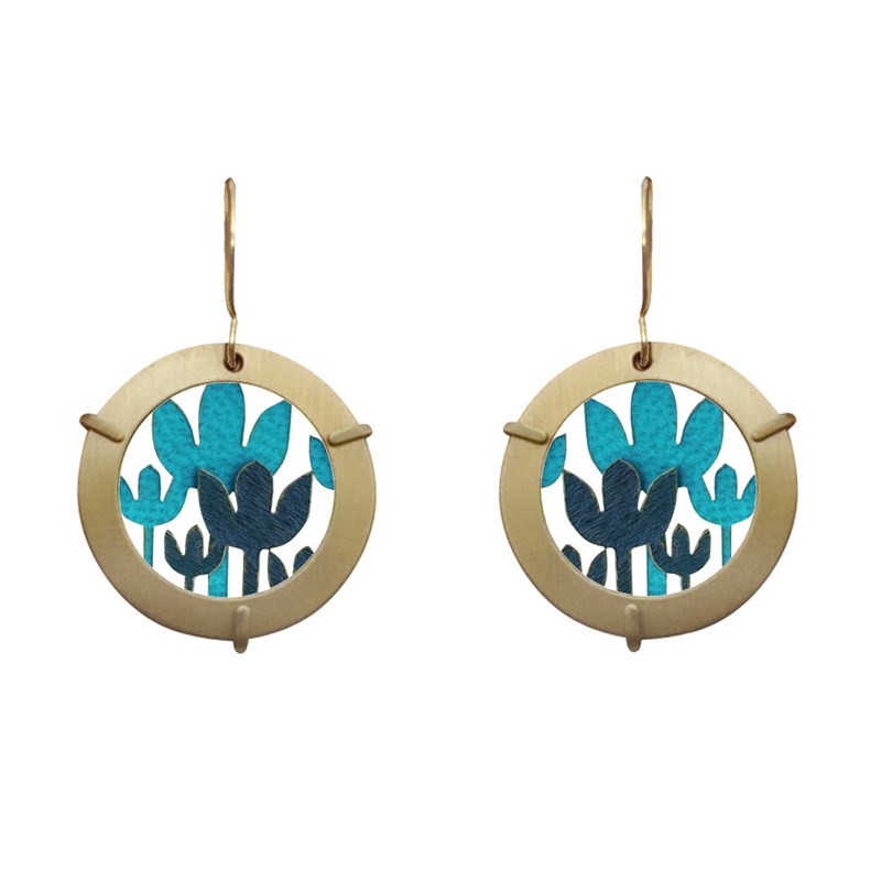 Boucles d'Oreilles Laiton Anneau et Fleurs en Cuir
