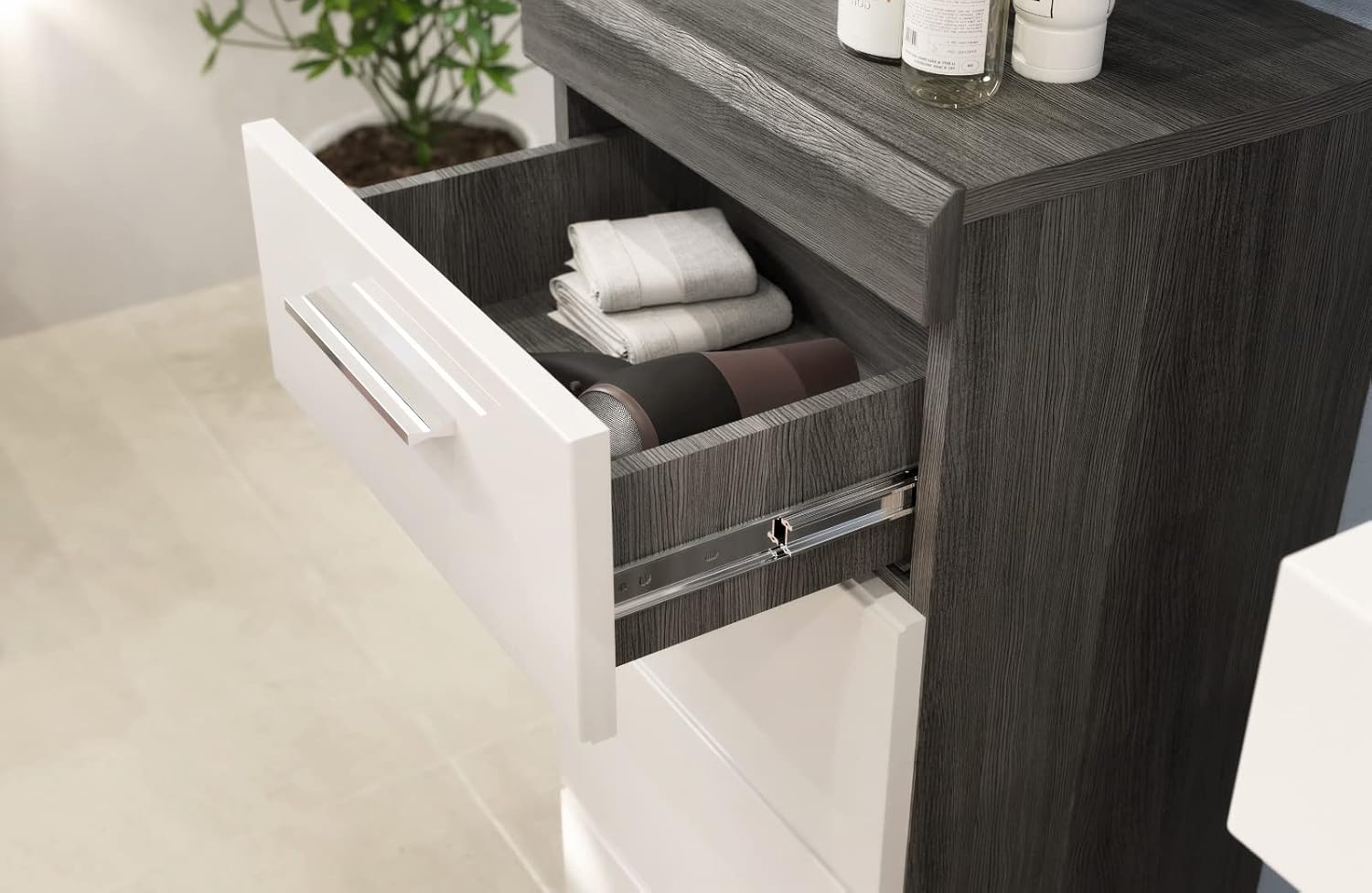 Badezimmer Midischrank weiß Hochglanz und Rauchsilber grau Badschrank Badmöbel 74 x 141 cm Shawn