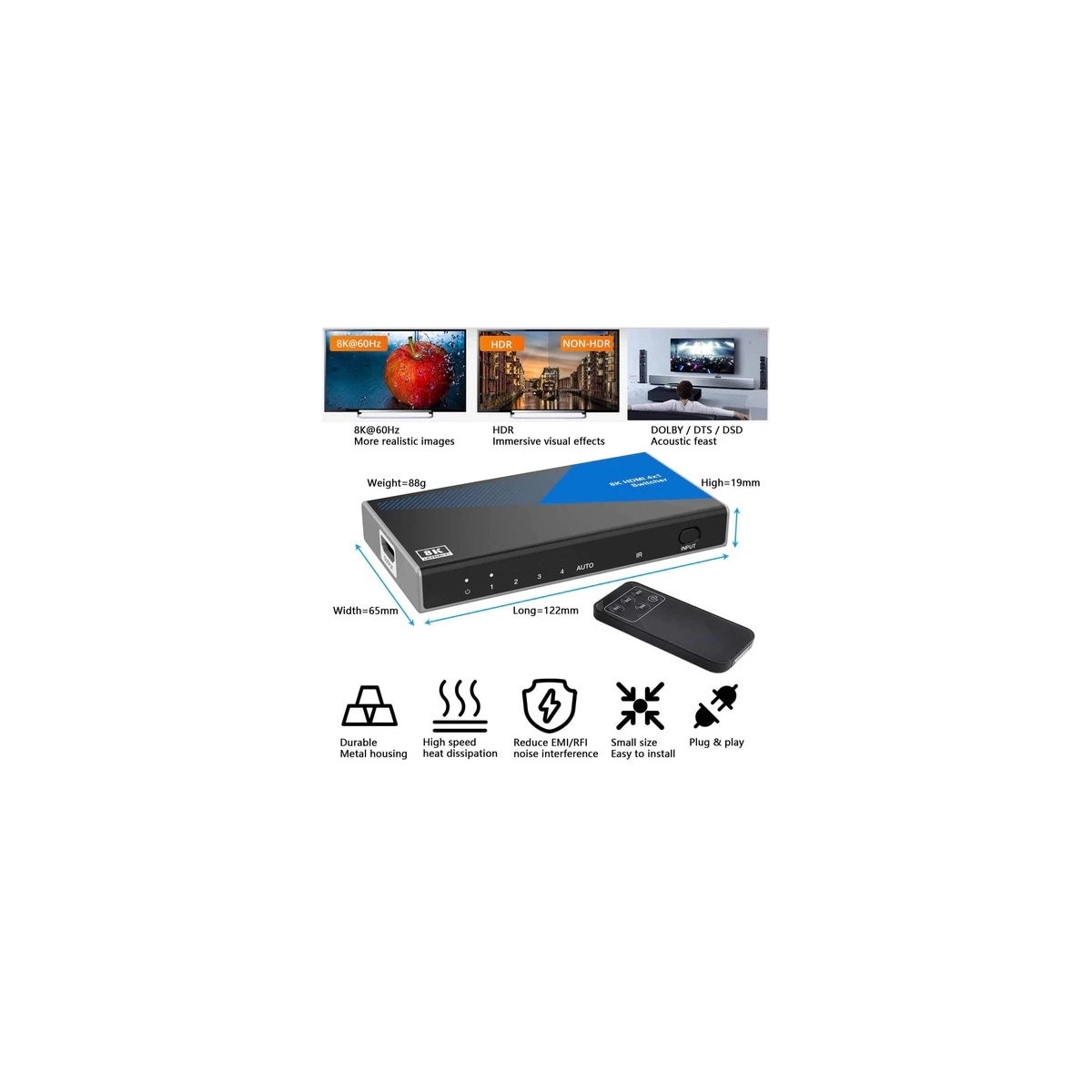 NÖRDIC HDMI 2.1 Switch 4 til 1 8K60Hz 4K120Hz CEC HDR Dolby Atmos, True HD, Digital Plus, DTS-HD Master