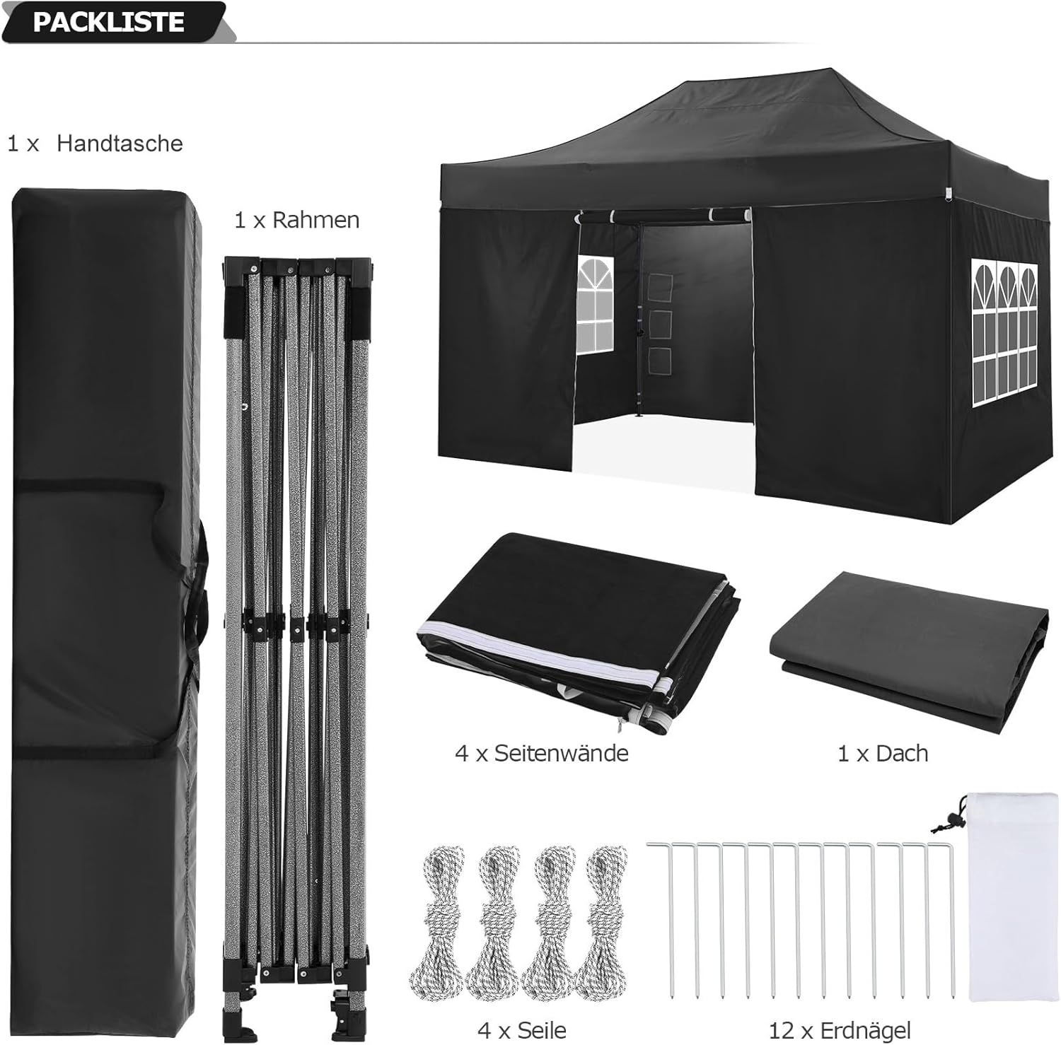 COBIZI Faltpavillon 3x4,5 Wasserdicht Stabil Winterfest mit Seitenwand,Pop Up Pavillon Partyzelt,Sonnenschutz Gartenpavillon,Pavillon Faltbar mit Handtasche(3 mal 4,5m Schwarz)