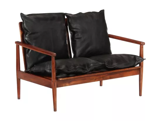Canapé 2 places noir cuir véritable et bois d'acacia solide