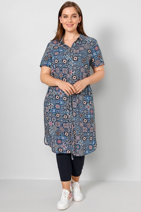 Midikleid, Alloverdruck, Hemdkragen, Knopfleiste, Bindegürtel, Halbarm