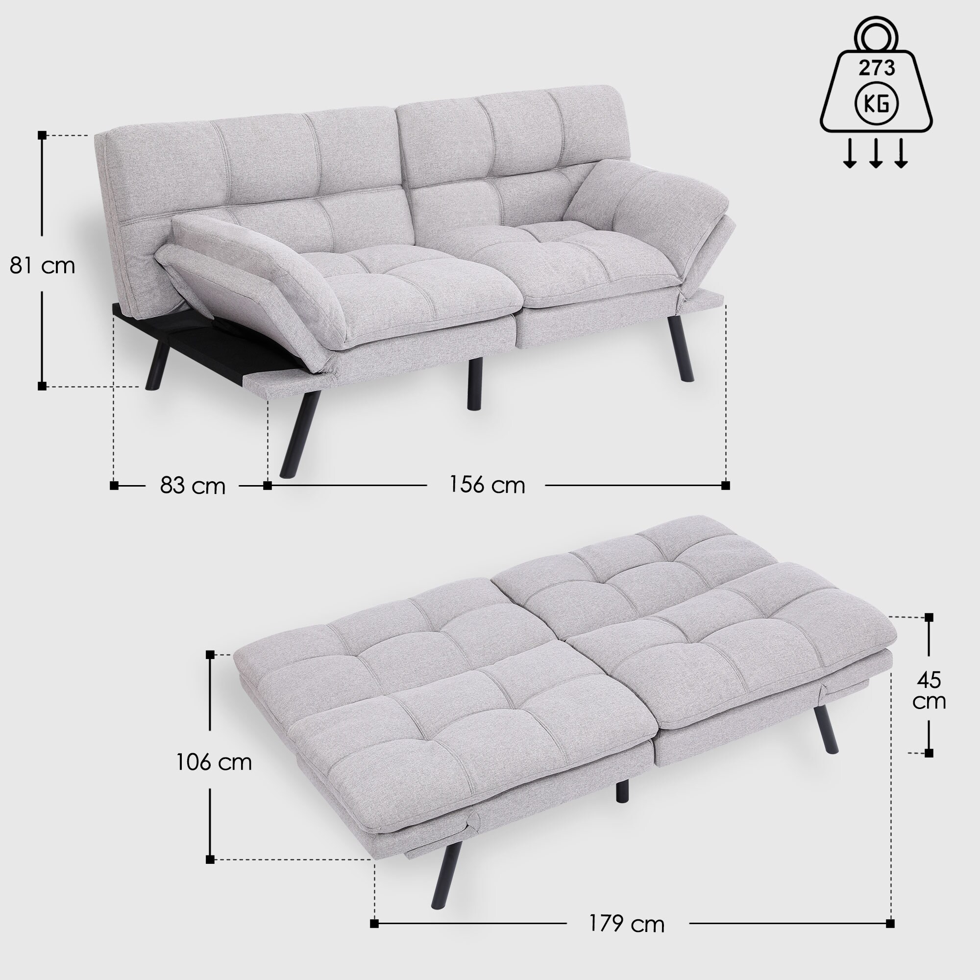 Makika Schlafsofa 3-Sitzer Schlafcouch Paul verstellbar mit Schlaffunktion in Grau