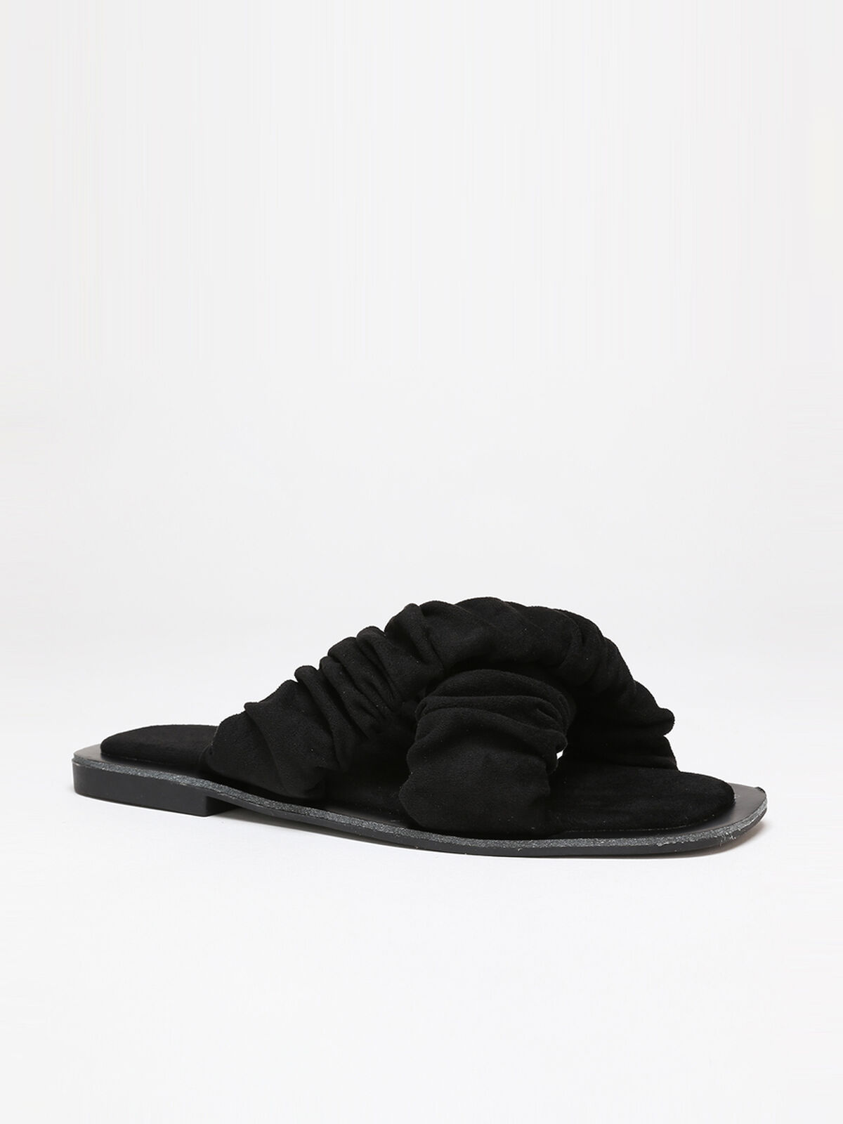 Mules à brides smockée en suédine- Noir