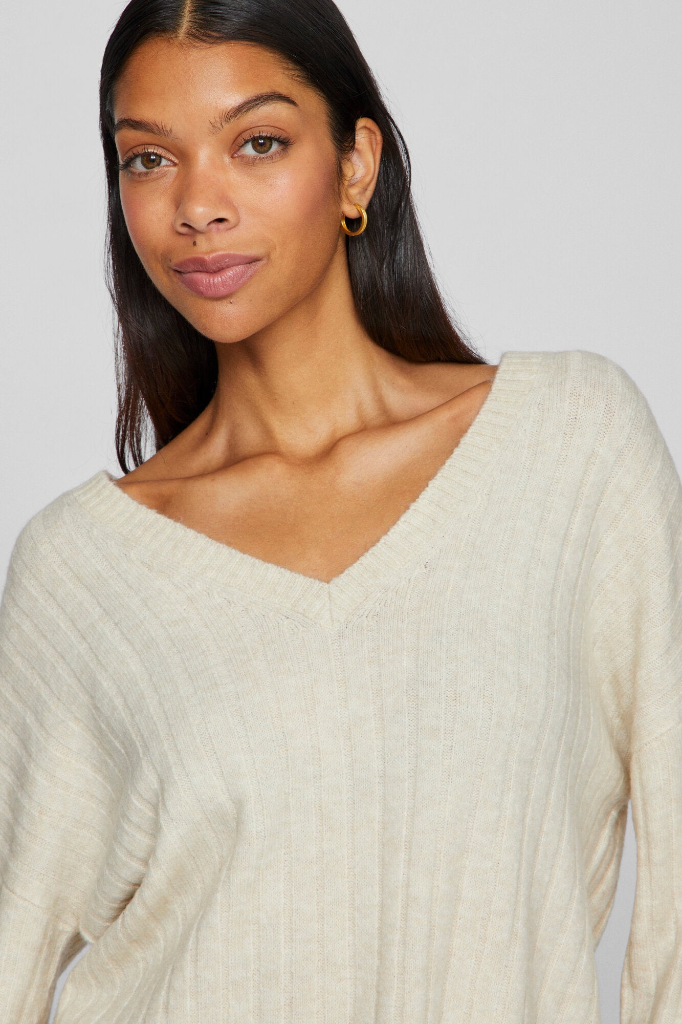 Vila  Vimiraz L/S Rev V-Neck striktrøje - Birch