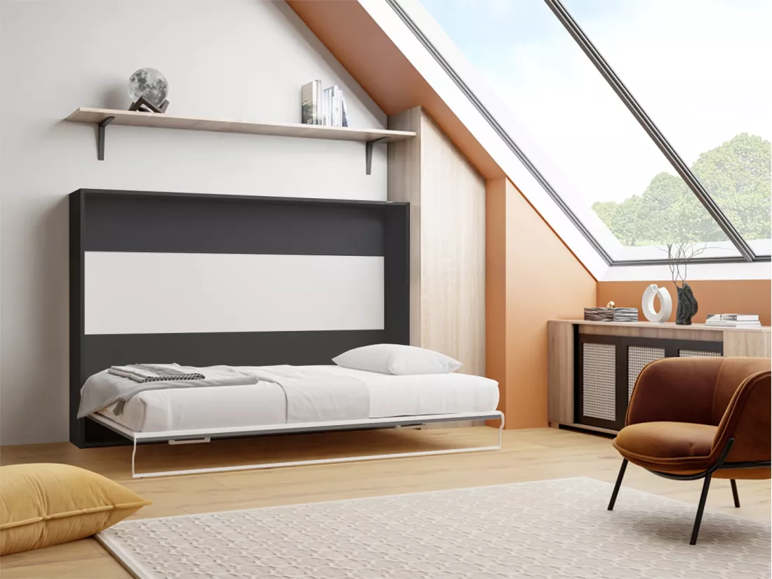 Lit escamotable 140 x 200 cm - Ouverture horizontale manuelle - Anthracite et naturel + Matelas - MALINA II
