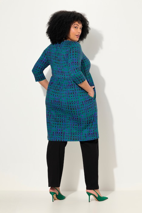 Longshirt, Karo, A-Linie, Carree-Ausschnitt, 3/4-Arm