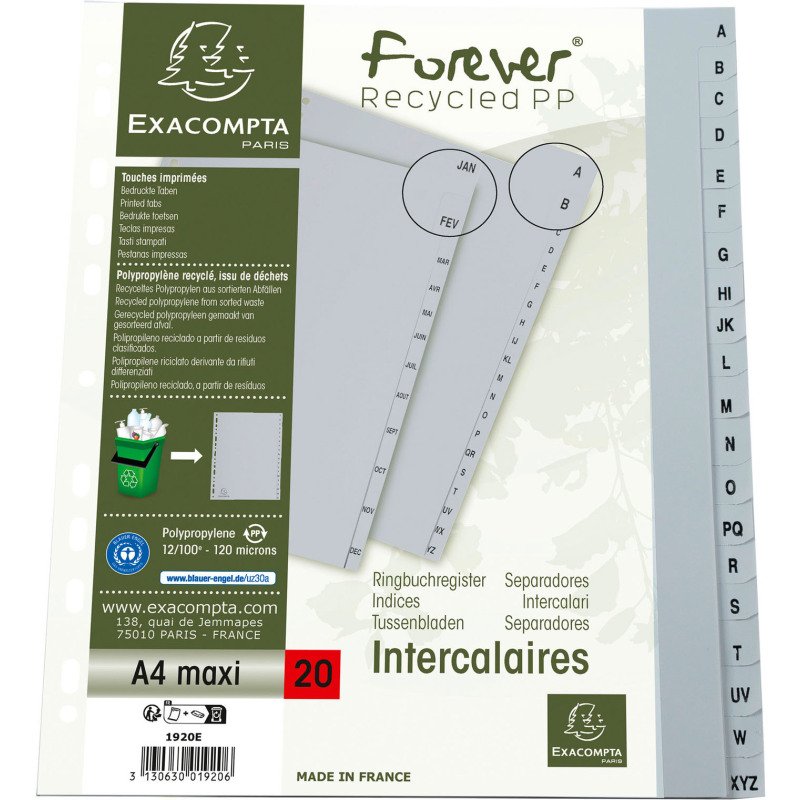 Intercalaire A4+ polypropylène Exacompta Forever 20 onglets alphabétiques gris - 1 jeu