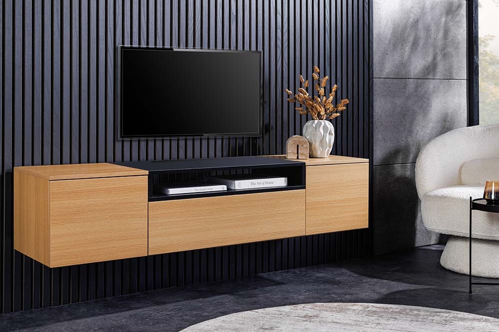 Hängendes TV-Board LOFT 160cm natur schwarz drei Fächer mit Schublade