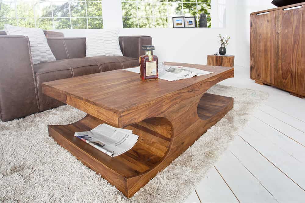 Design Couchtisch CUBUS 120cm braun Sheesham Massivholz stone finish mit Stauraum