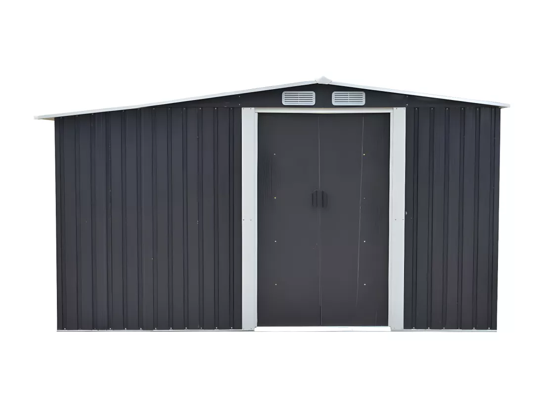 Abri de jardin métal avec abri bûche en acier galvanisé gris 10,29 m² - LERY