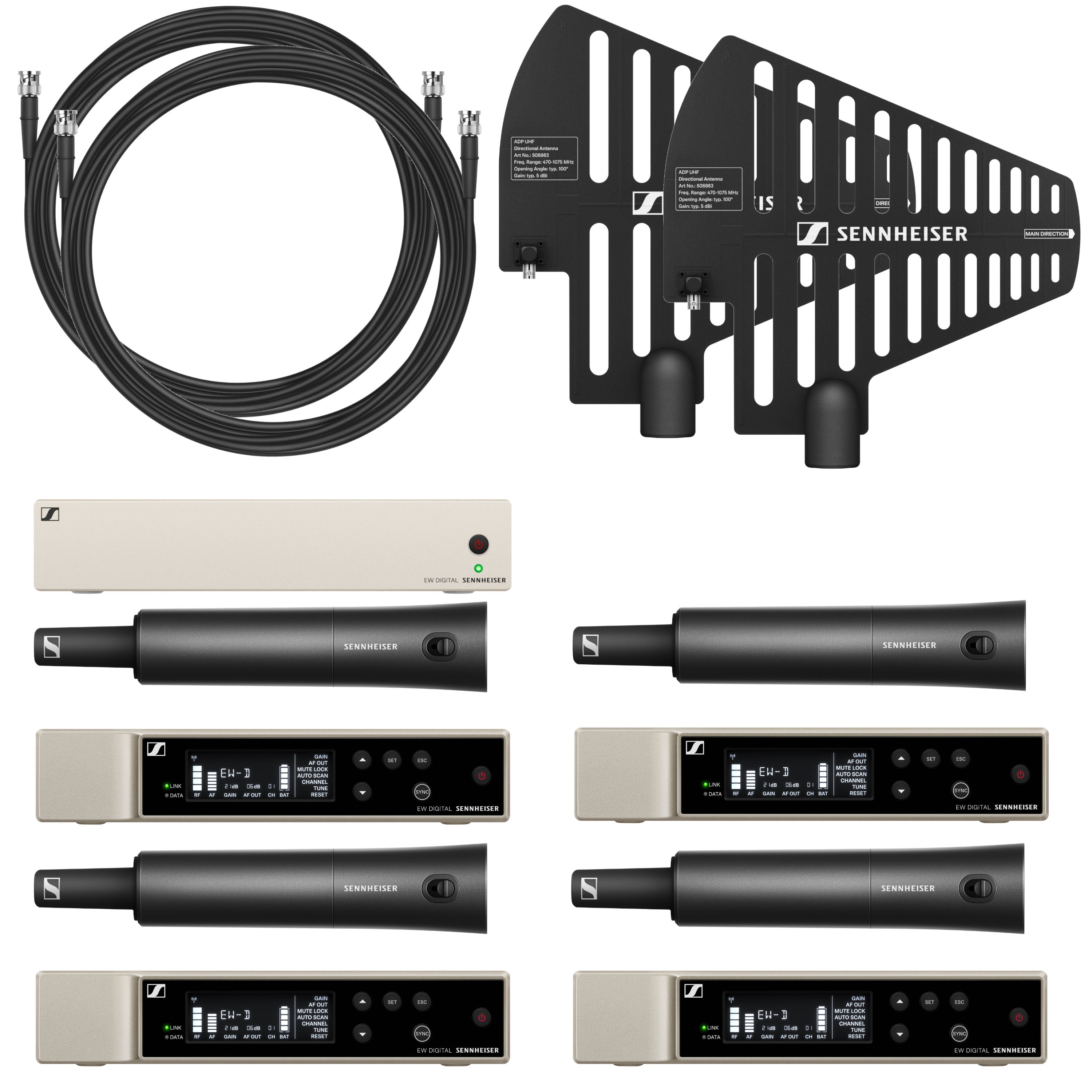 Sennheiser 4 x EW-D SKM-S Base Set S1-7 + EW-D ASA + 2 x ADP UHF draadloze handheld set (606.2-662 MHz)