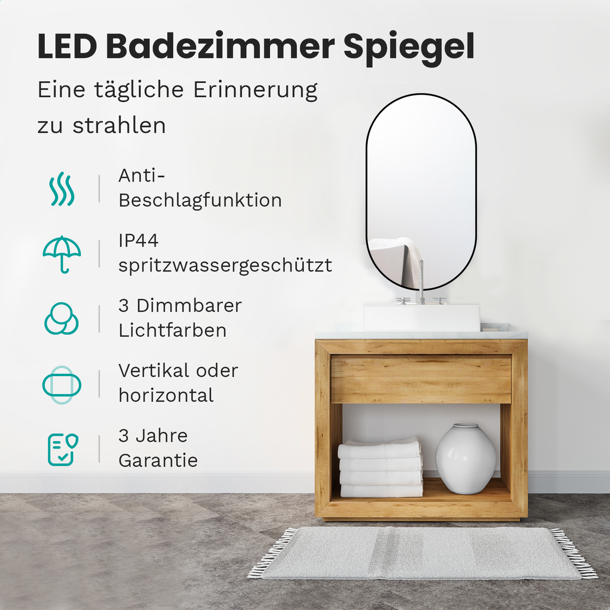 Mirlux badkamerspiegel met LED-verlichting en verwarming, ovale wandspiegel, anti-condens douchespiegel, zwart, 90x50cm