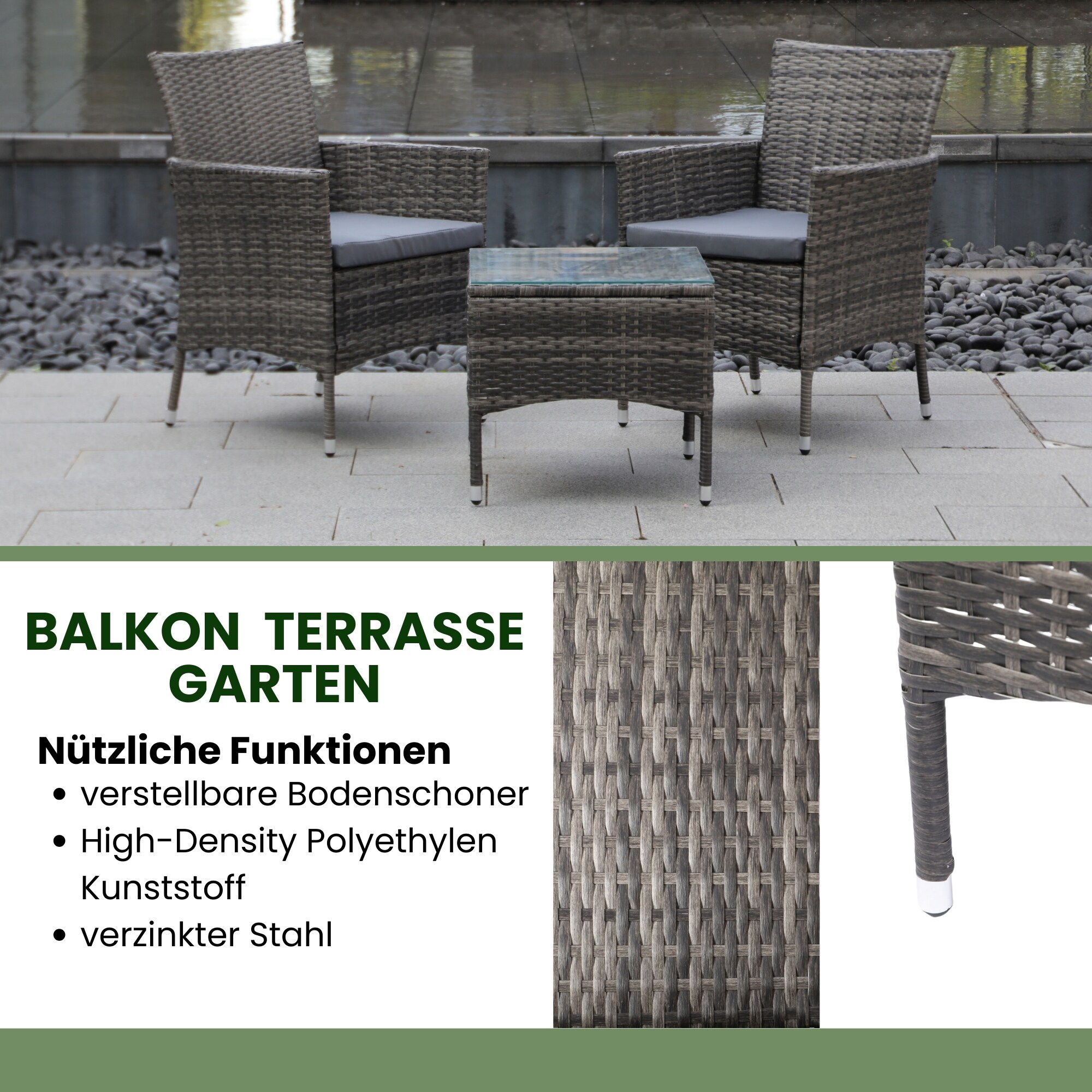 Albatros Balkonmöbel Set 3 teilig, Rattan Polyrattan, 2 Sessel mit Tisch, Lounge Set Balkon Gartenlounge Gartenmöbel Sitzgruppe mit Kissen und Glastisch, für Garten Terrasse Outdoor