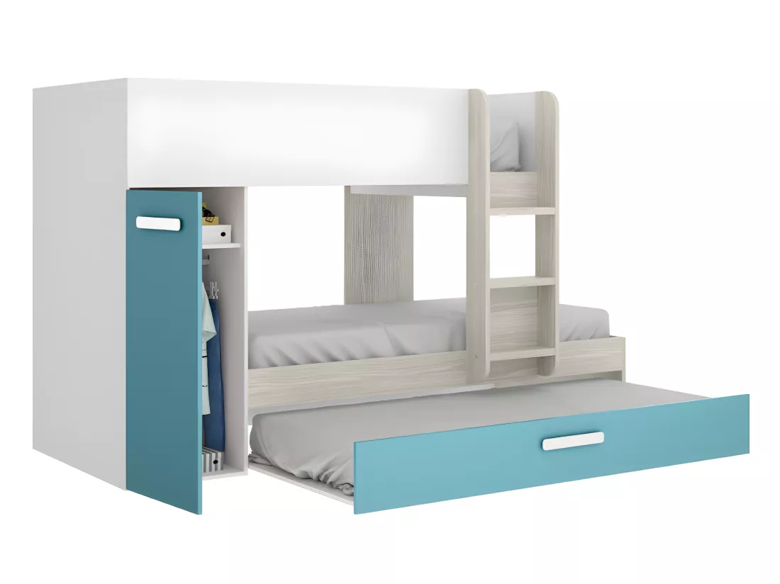Lits Superposés ANTHONY avec rangements 3 x 90 x 190 cm - Blanc chêne et bleu + matelas