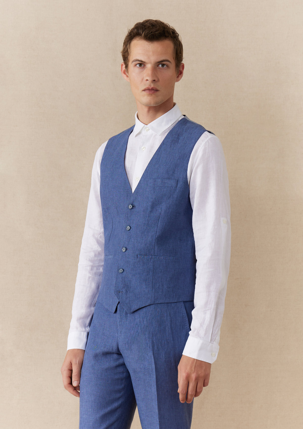 Gilet casual en lin uni bleu azur