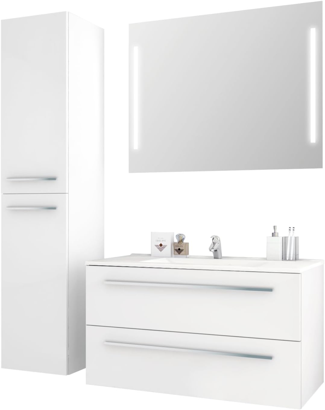 Sieper I Badmöbel Set Libato, Waschtisch mit Unterschrank 90 x 50 cm, Hochschrank und Badspiegel I Weiß